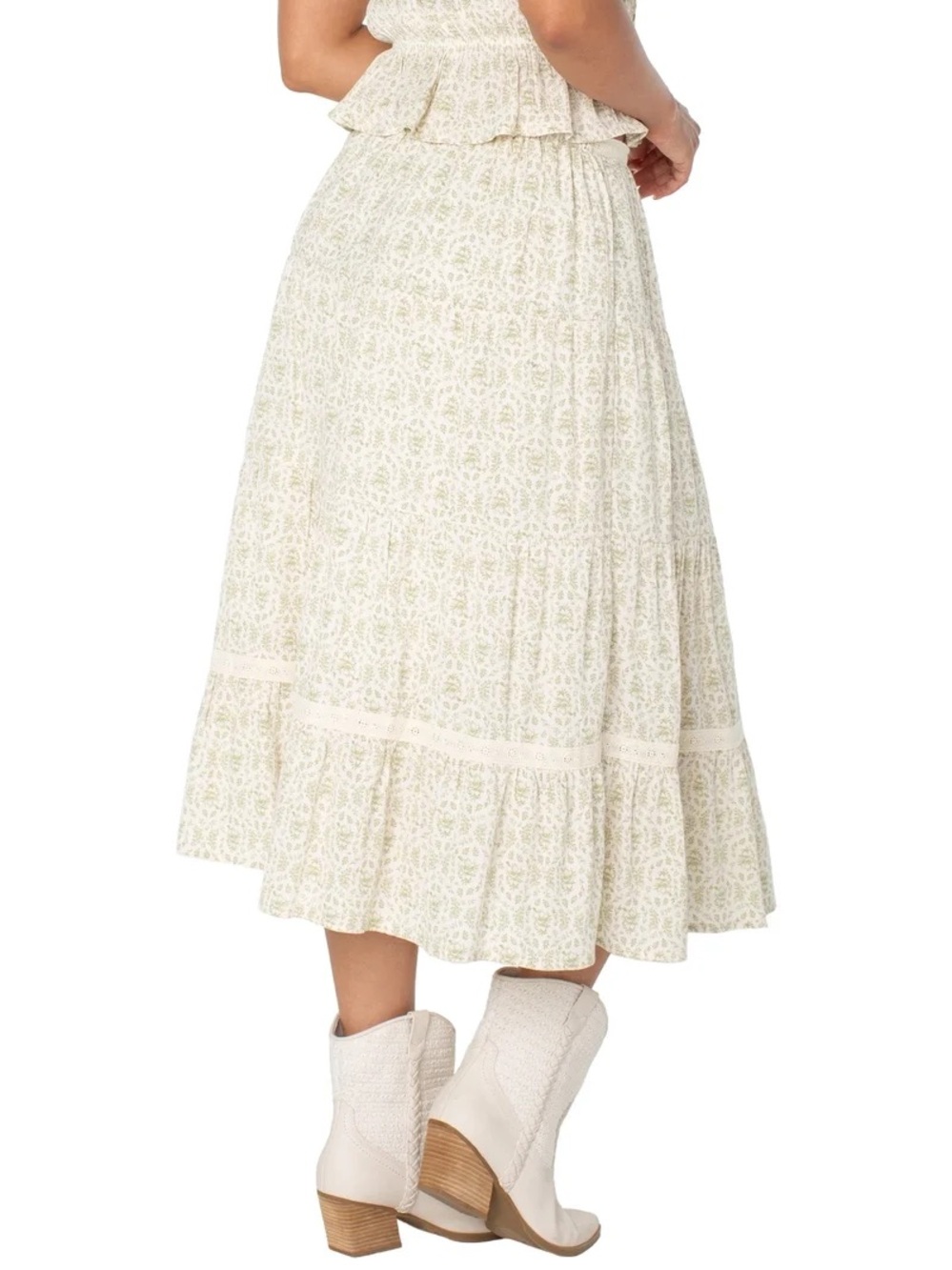 Cream Floral Tiered Midi Skirt